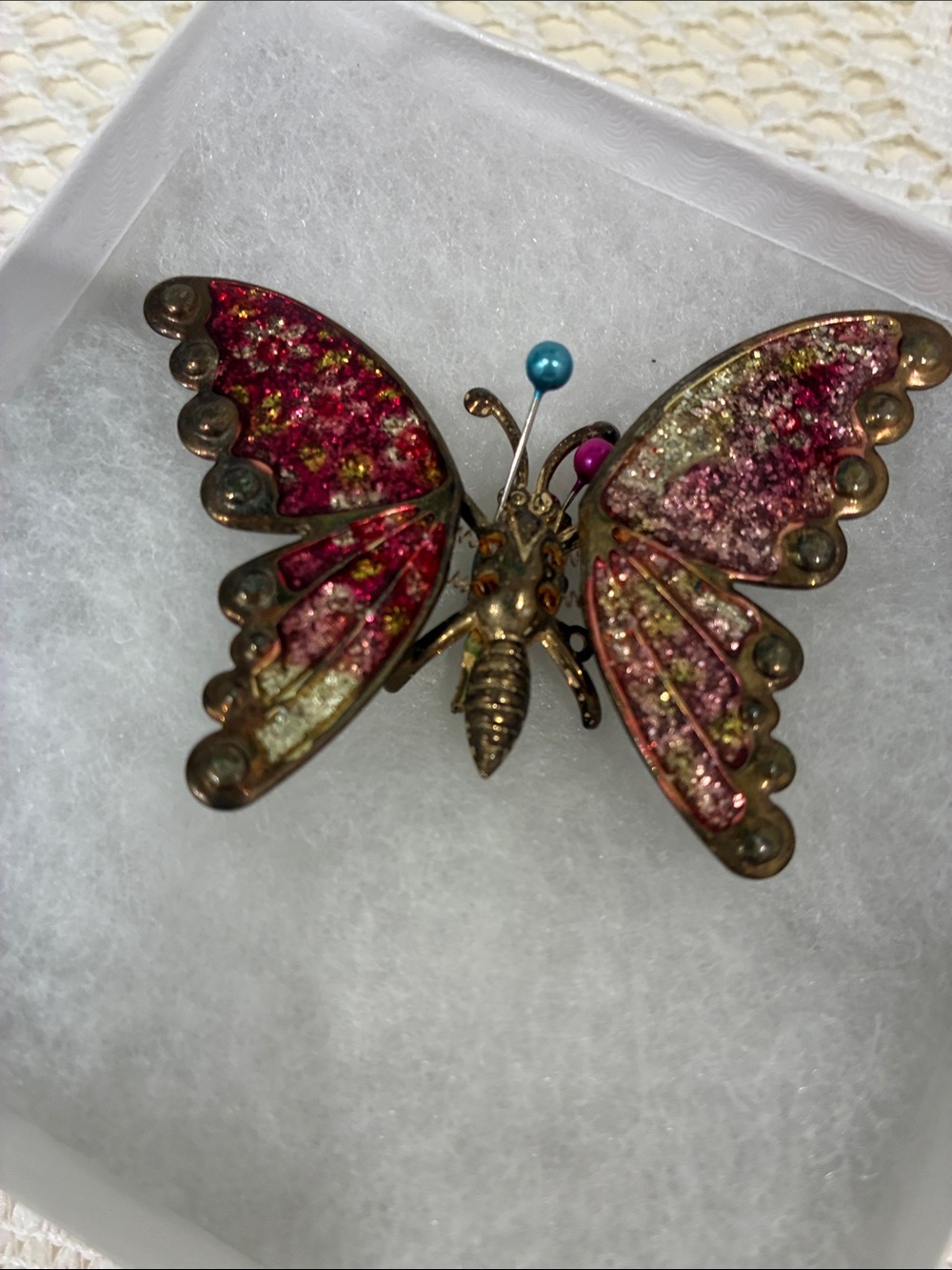Vintage Red/Silver Glitter Tremble Butterfly Brooch